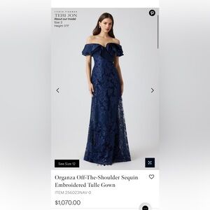 Teri Jon for Rickie Freeman organza Off-the-Shoulder Sequin Lace Gown navy